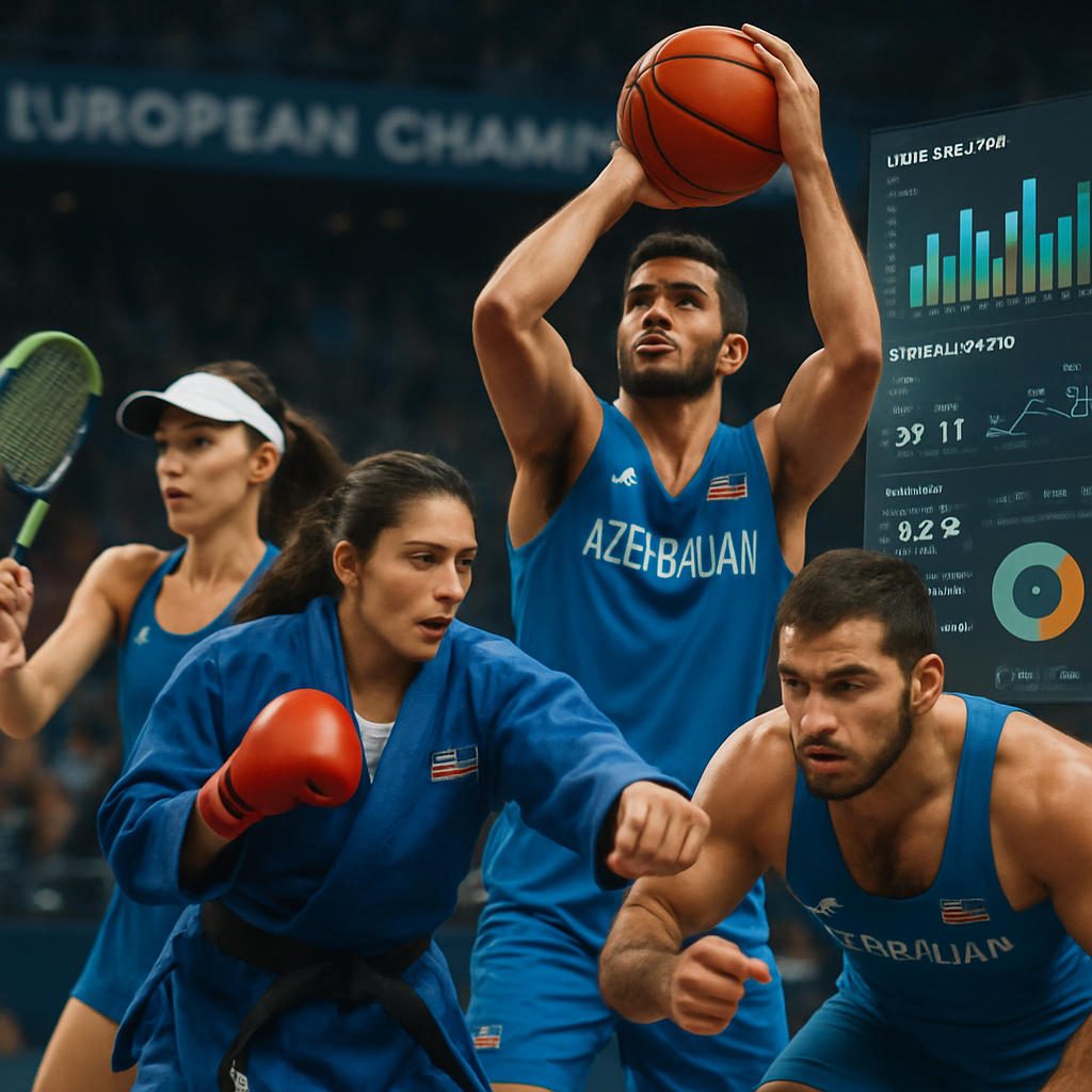 A focused shot of an Azerbaijani athlete on the field, backdropped by a large