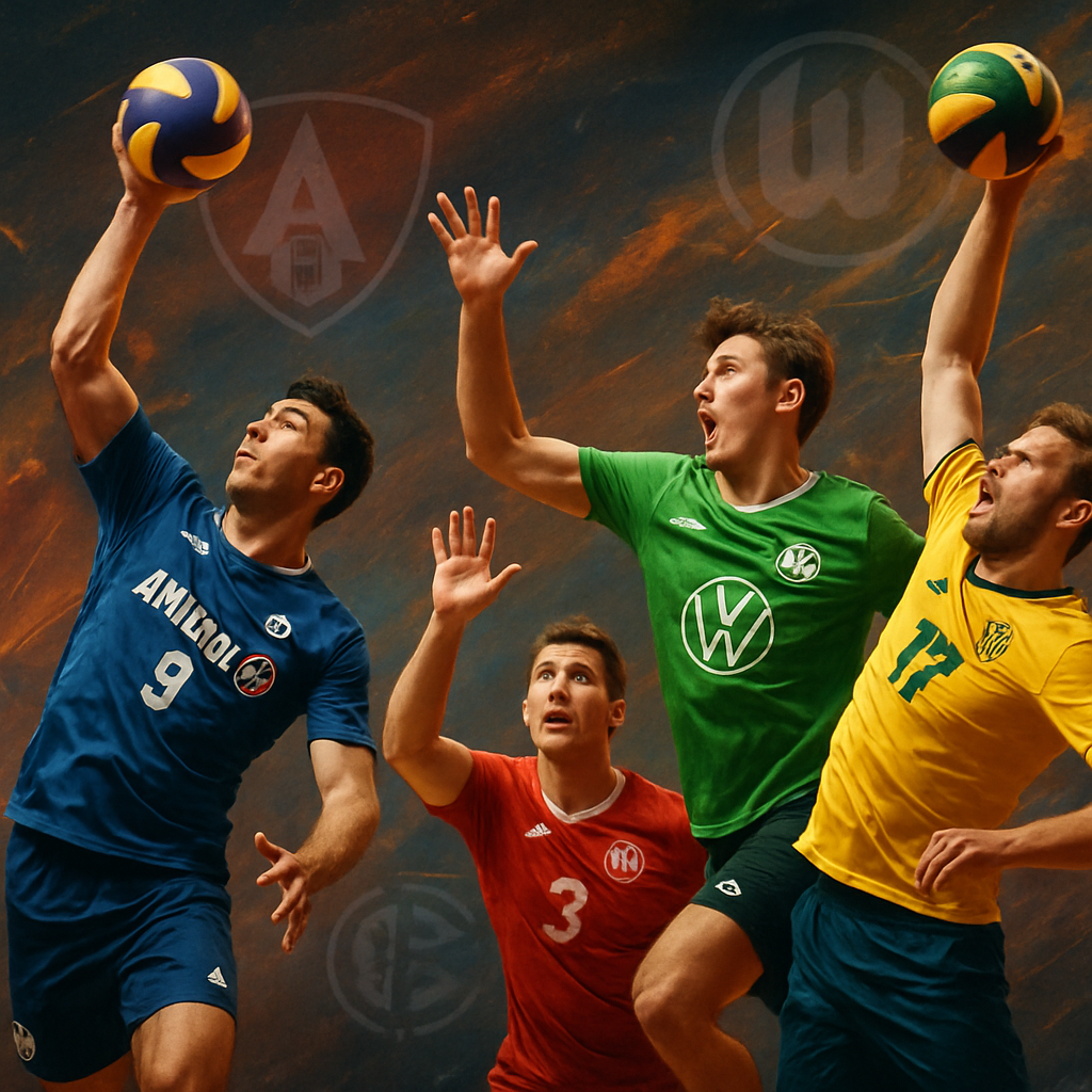 An image showcasing volleyball players in motion, donning new club uniforms, capturing the essence