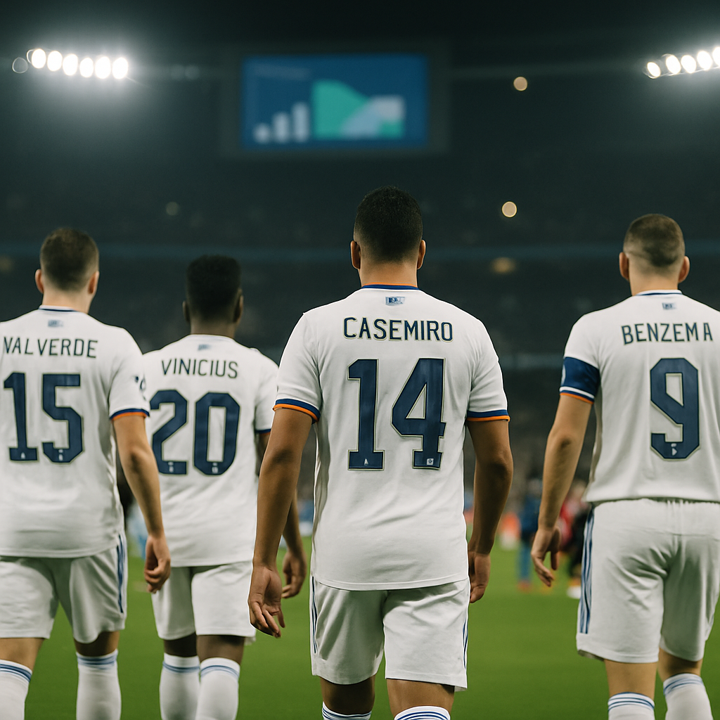 Real Madrid players in white walking onto a floodlit stadium pitch, with the crowd