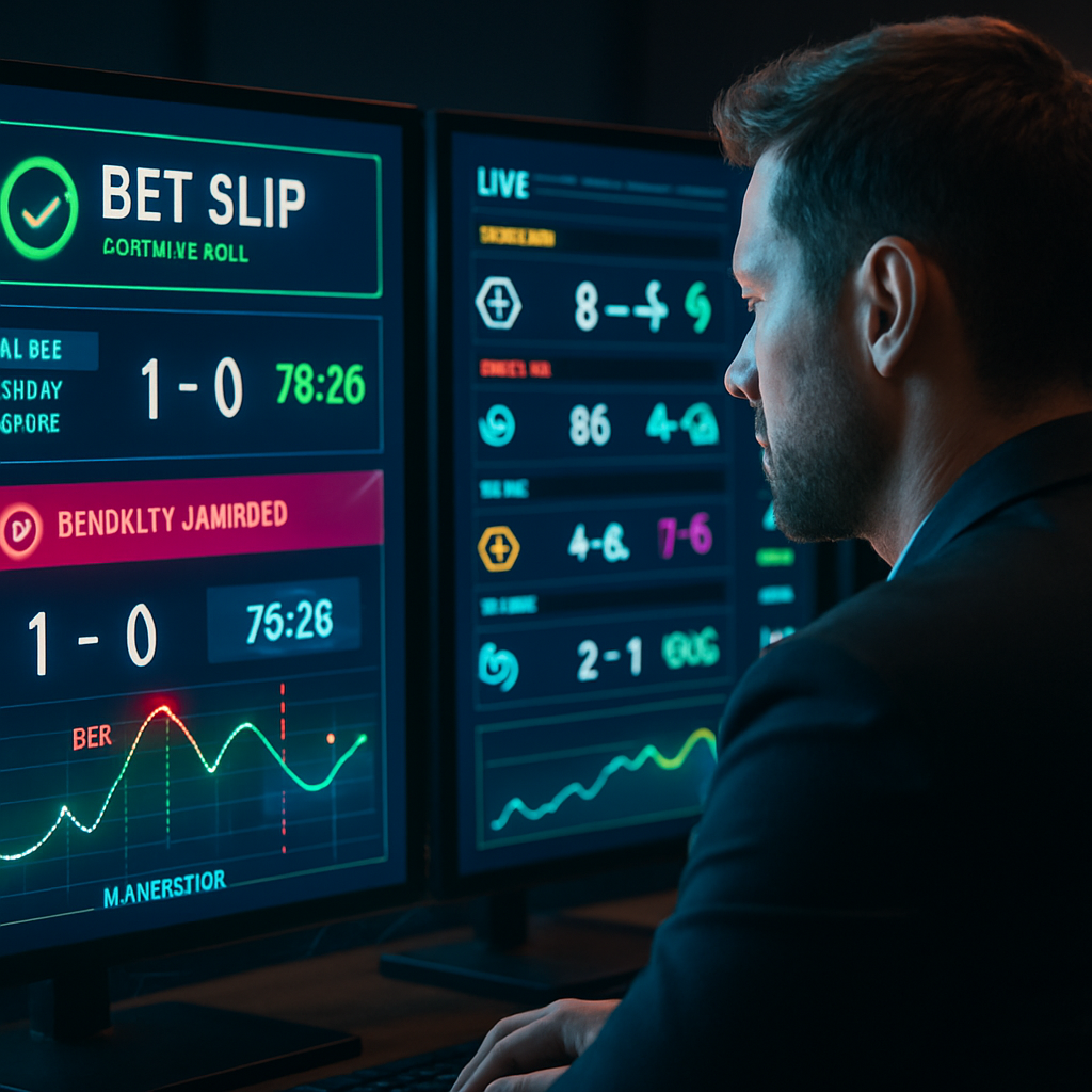 A focused scene of a sports gambler using multiple screens to track live data