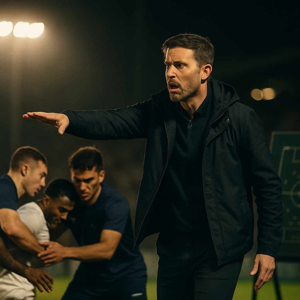 A football coach directs his team from the touchline as players press an opponent