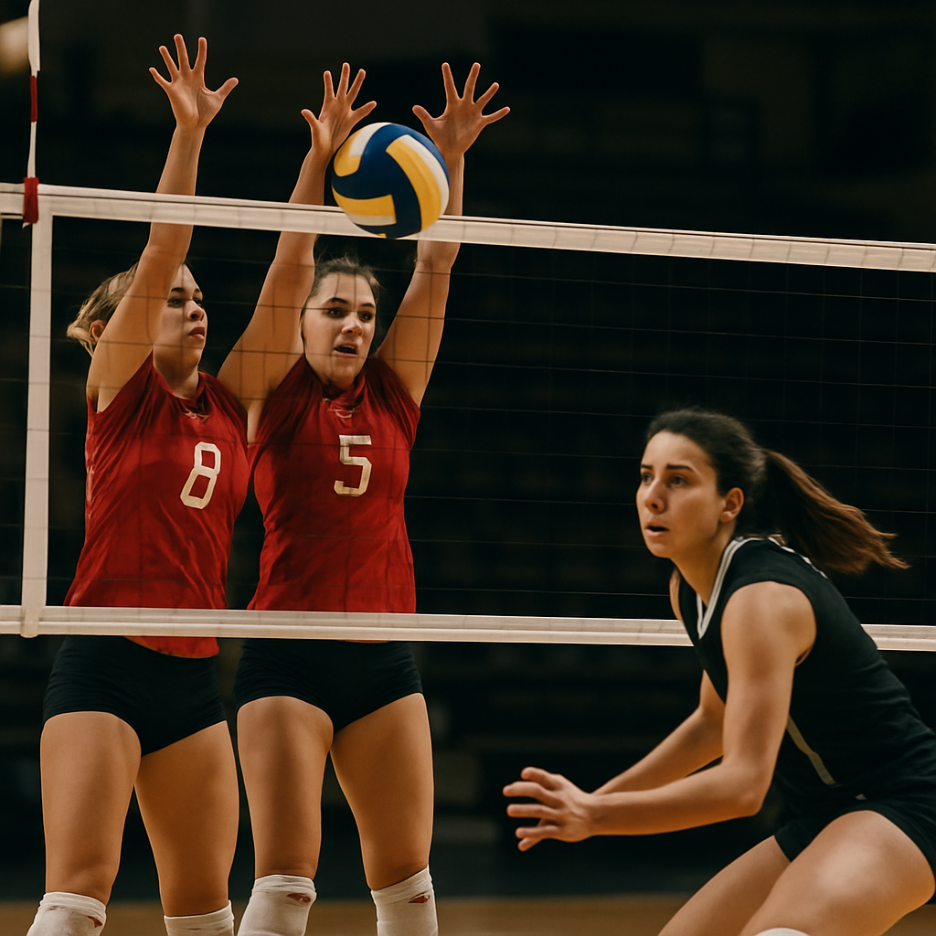 Volleyball players coordinate a timed block and prepare to turn the deflection into a