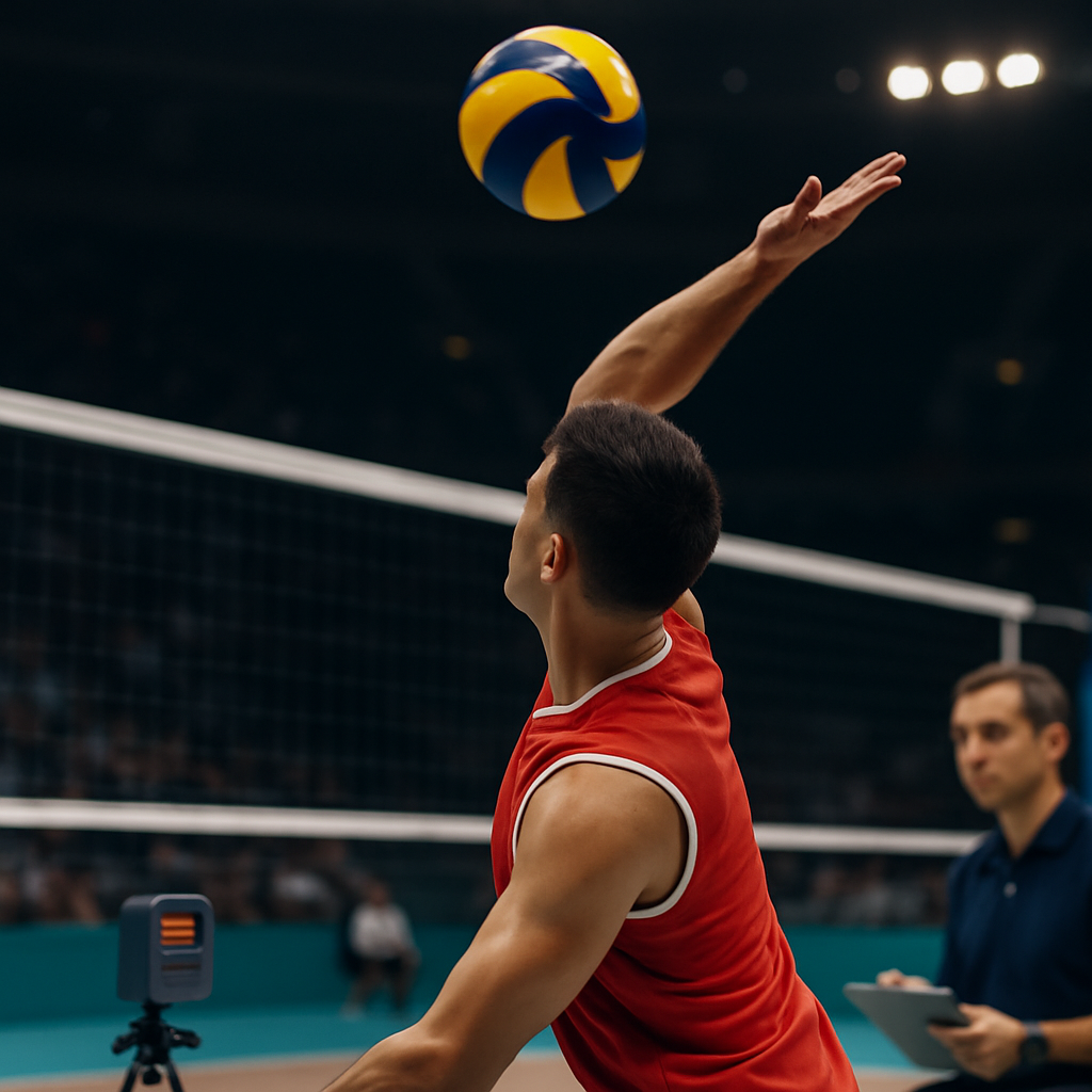 A volleyball player strikes a serve in an indoor arena as a courtside radar