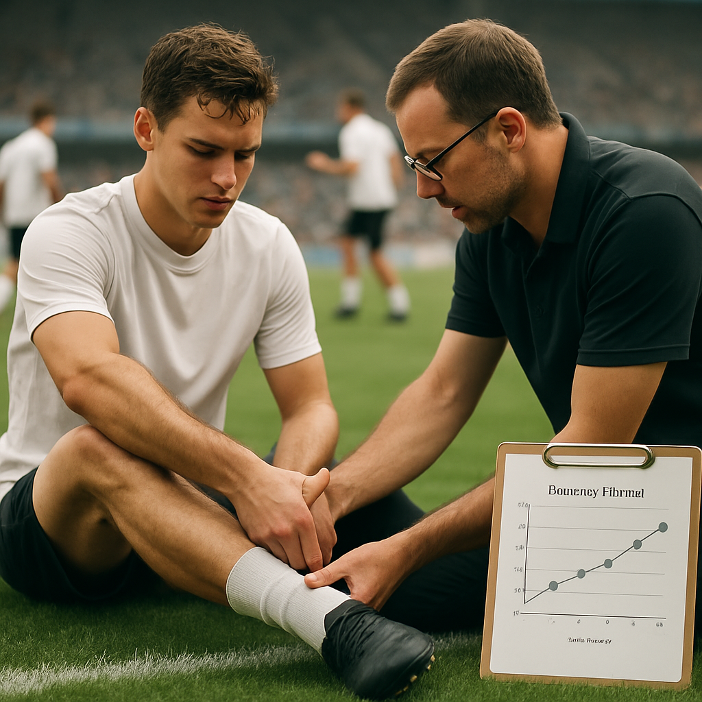 A physiotherapist assesses a football player’s ankle on the sideline as teammates warm up