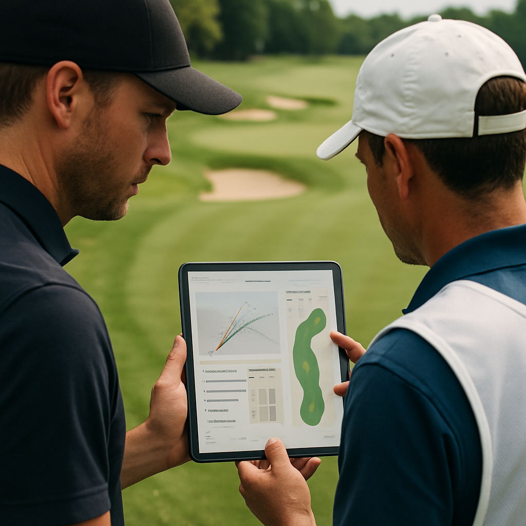 A golfer and caddie review shot and course analytics on a tablet beside the