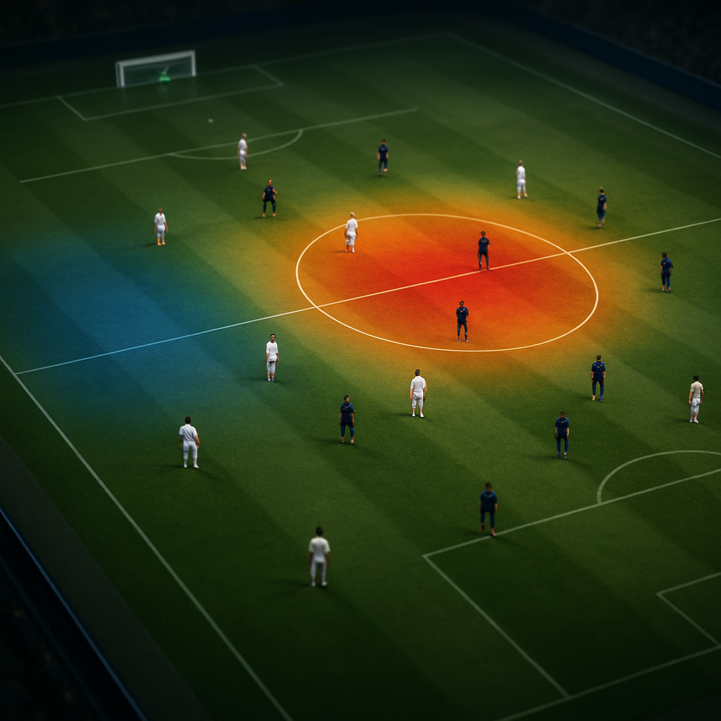 Overhead football pitch with players and subtle heatmap zones showing attacking movement and defensive