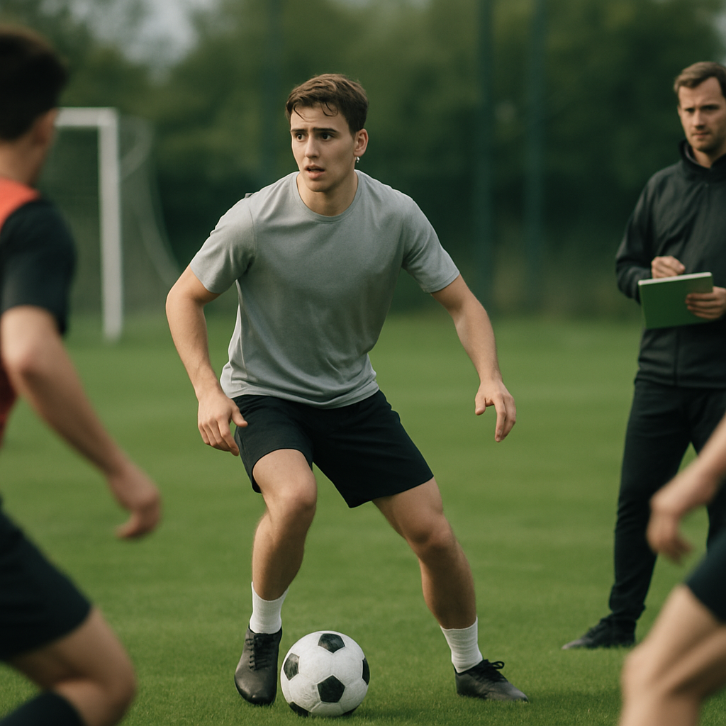 A young football prospect assesses the field during a scouting evaluation match as a