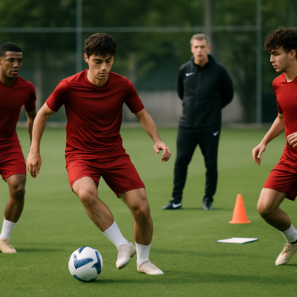 Azerbaijan U21 players train on a football pitch, with one young player controlling the